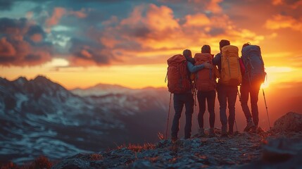 Group of hikers watching a sunset in the mountains.