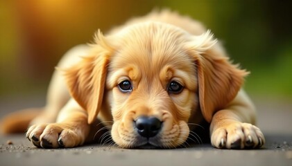 Golden Retriever puppy lays down, ears perked up, happy, canine, dog