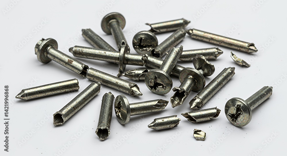 Poster broken pop rivets with missing heads isolated on white background