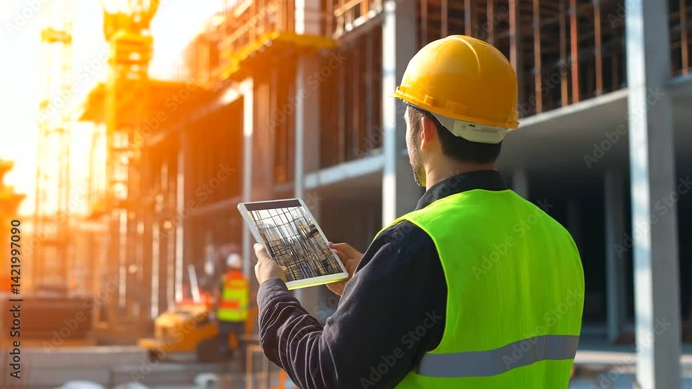 Poster a modern construction site blends physical work with digital innovation, as workers utilize tablets 