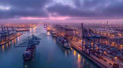 Fototapeta premium Industrial seaport captured during twilight, displaying shipping activities with cargo ships, cranes, container yards artificial lights, waterways reflect city lights transport logistics operate.