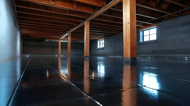 A modern basement crawl space lined with reflective thermal insulation blankets. The dimple board layer protects against moisture, ensuring long-term structural durability.
