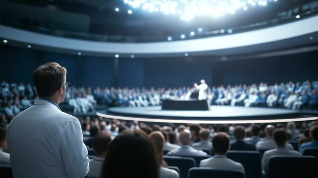 A modern convention hall filled with doctors and nurses, attentively listening to a medical expert explaining innovative treatment methods on a stage.