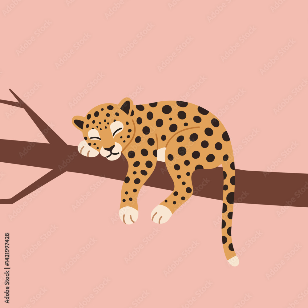 Poster sleeping leopard resting on tree branch with soft pink background in simple vector illustration