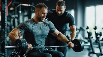 Fitness training session with weights and supportive partner.