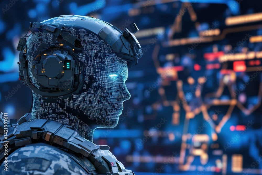 Poster futuristic humanoid robot with digital interface in advanced control room setting