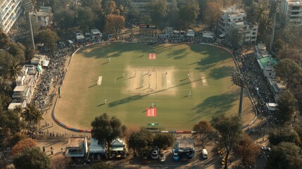 Aerial View of Cricket Pitch in India with Players and Spectators in the Background