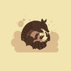 Armadillo curled up in defensive pose with brown tones and beige background vector illustration 