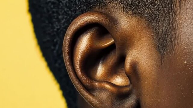 Human ear details are highlighted against a vibrant yellow backdrop, emphasizing the intricate structure and delicate nature of this essential sensory organ