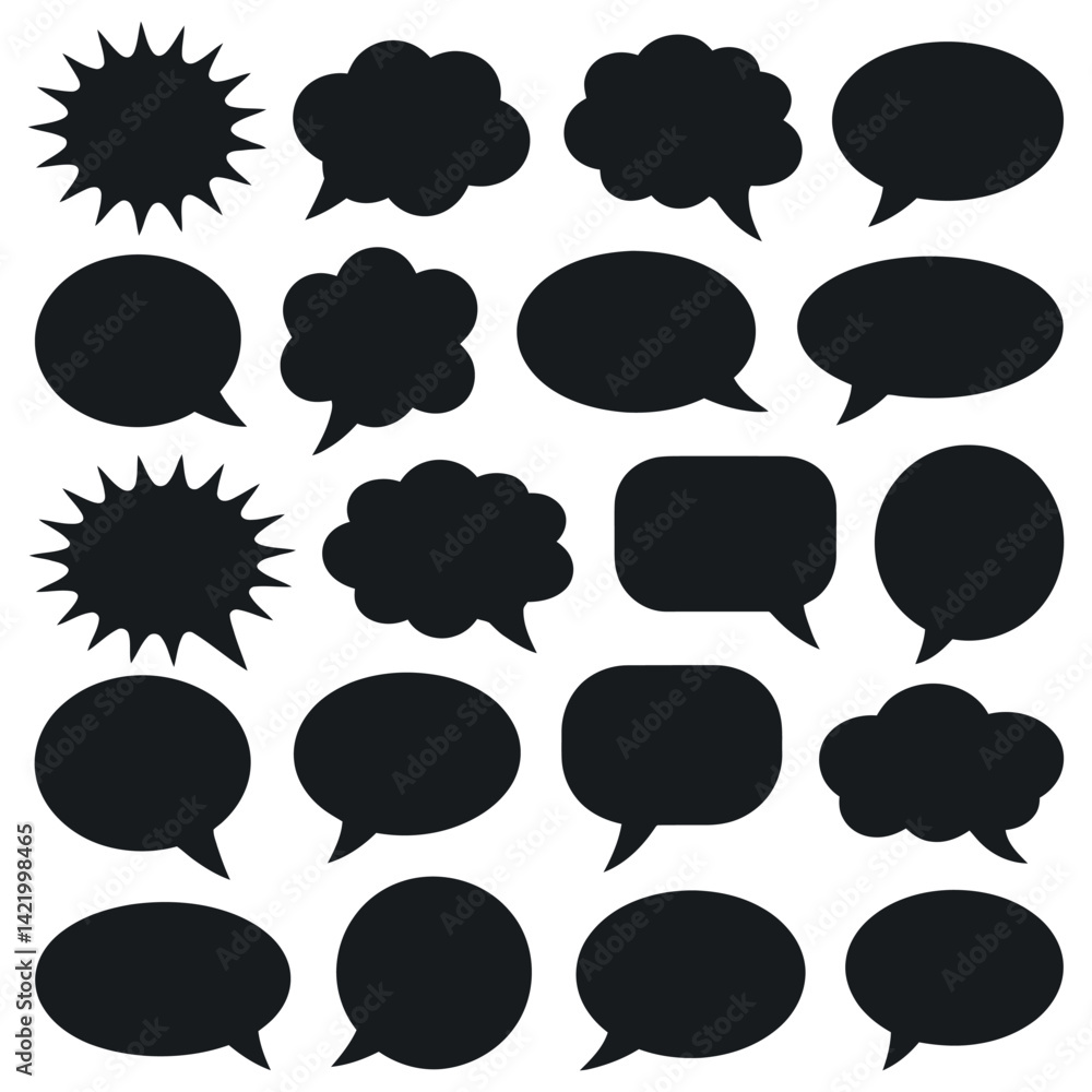Poster diverse collection of black speech bubbles and thought bubbles for design projects and vector graphi