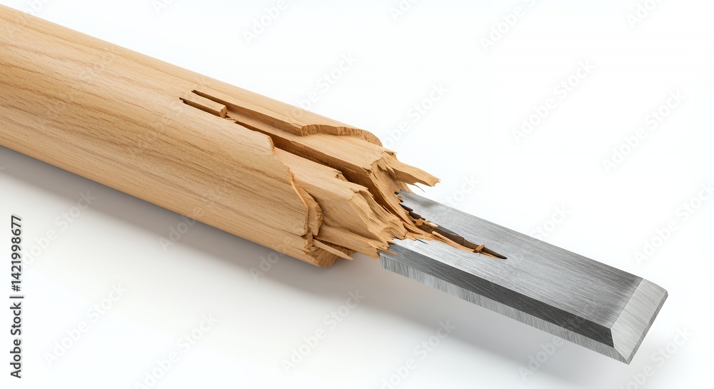 Poster broken wooden chisel handle on white background