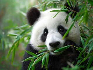 Fototapeta premium Adorable panda bear eating bamboo leaves in a lush green forest, representing wildlife conservation and natural beauty. Perfect for educational materials, nature documentaries, and animal welfare camp