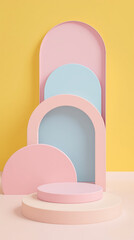 pastel-colored arches and platforms against a yellow background.