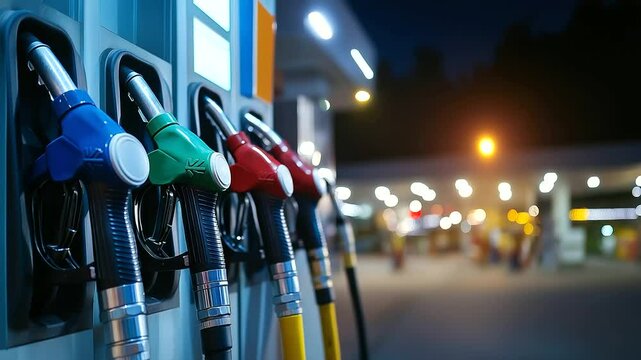 A row of gas pumps at a well-lit station, their fuel options highlighted in bold colors. The clean metallic surface reflects the surroundings, adding depth to the scene. Close-up.