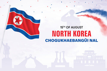 North Korea Flag Waving On Skyline Background. National Liberation Day Concept Design Vector Illustration.