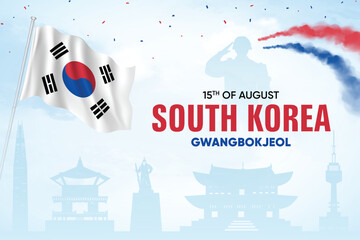 South Korea Flag Waving On Skyline Background. National Liberation Day Concept Design Vector Illustration.