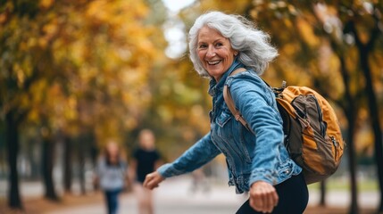 A joyful woman enjoying a walk in a vibrant autumn park.