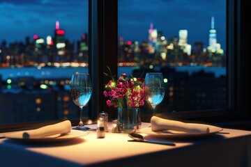 Elegant dinner setup with city skyline view at night from a high-rise restaurant