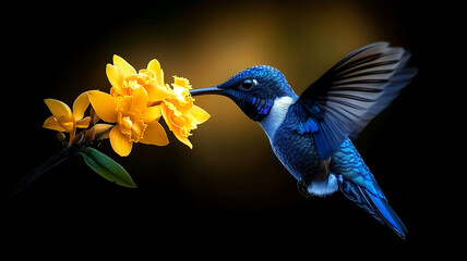 Fototapeta premium Bird Frozen in Time - A blue hummingbird with a bright yellow flower