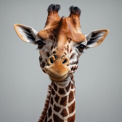 "Cute cartoon giraffe smiling with big eyes, white background"