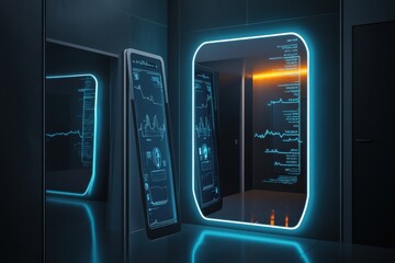 Futuristic interior with glowing smart mirror and digital interface display