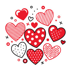 Red and Black Heart Patterns Clipart,
Cute Love Heart Design with Dots and Stripes,
Hand-Drawn Red Hearts with Decorative Patterns.