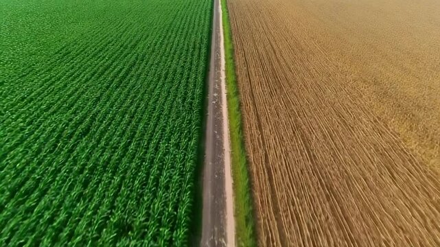 Aerial view of two fields, split by a fence. One side is lush and green, the other dry and golden. A straight dirt road runs between them, emphasizing stark contrast.