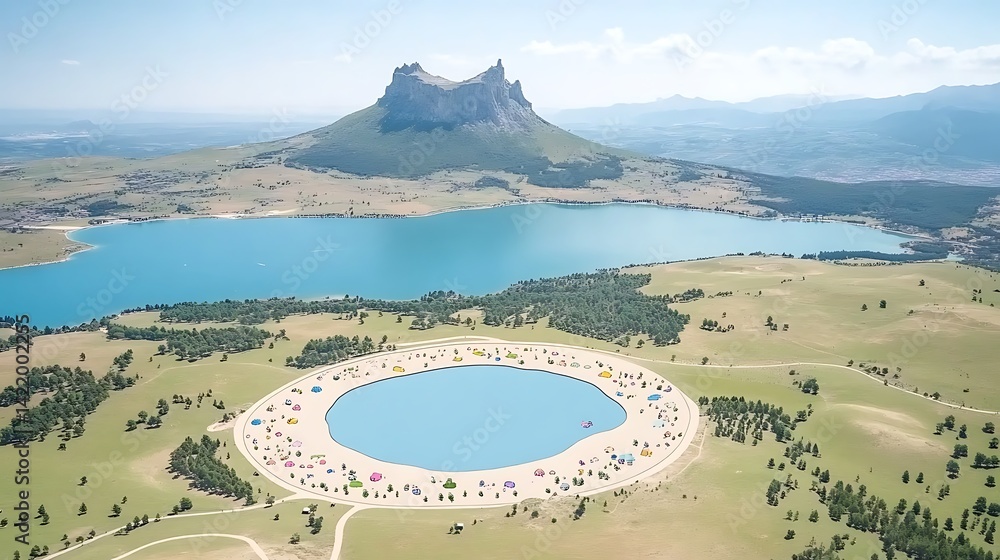 Poster aerial view of circular lake with colorful structures and mountainous landscape