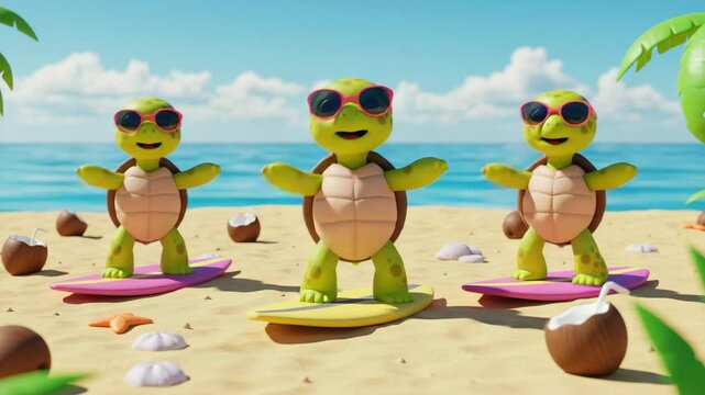 Three cute cartoon turtles surfing on a sunny beach