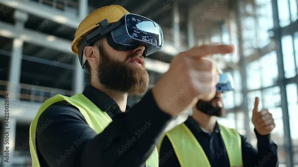 Poster construction professionals utilize mixed reality headsets to interact with a digital twin model, ref