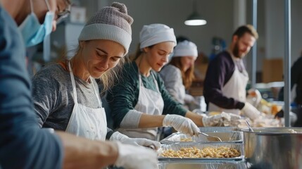 Volunteers preparing food in a community kitchen for those in need.