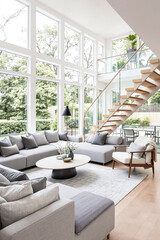 Fototapeta premium modern gray sectional sofa in bright living room with large windows
