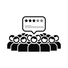 Customer rating and feedback icon with group of people and 3 star review speech bubble – concept of user reviews and public opinion
