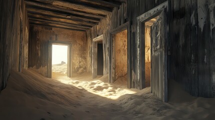 Derelict interior corridor light beam