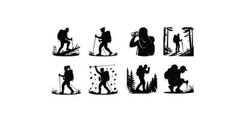Hiker Silhouette Vector Set | Adventure Hiking Clipart Mountain Hiker Silhouette Pack | Outdoor Trekking Design