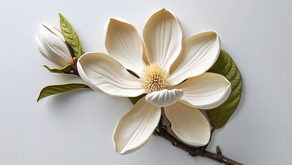 Elegant Magnolia Blossom With Bud And Leaves On Clean White Background