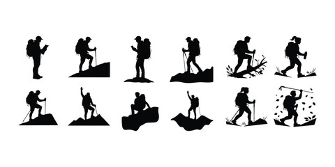 Hiker Silhouette Vector Set | Adventure Hiking Clipart Mountain Hiker Silhouette Pack | Outdoor Trekking Design
