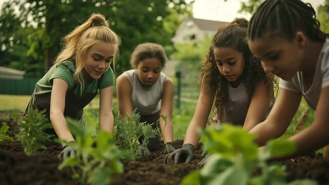 Diverse teenage girls plant herbs and flowers in a well-maintained community garden, their hands covered in soil as they laugh and work together under the warm sun.