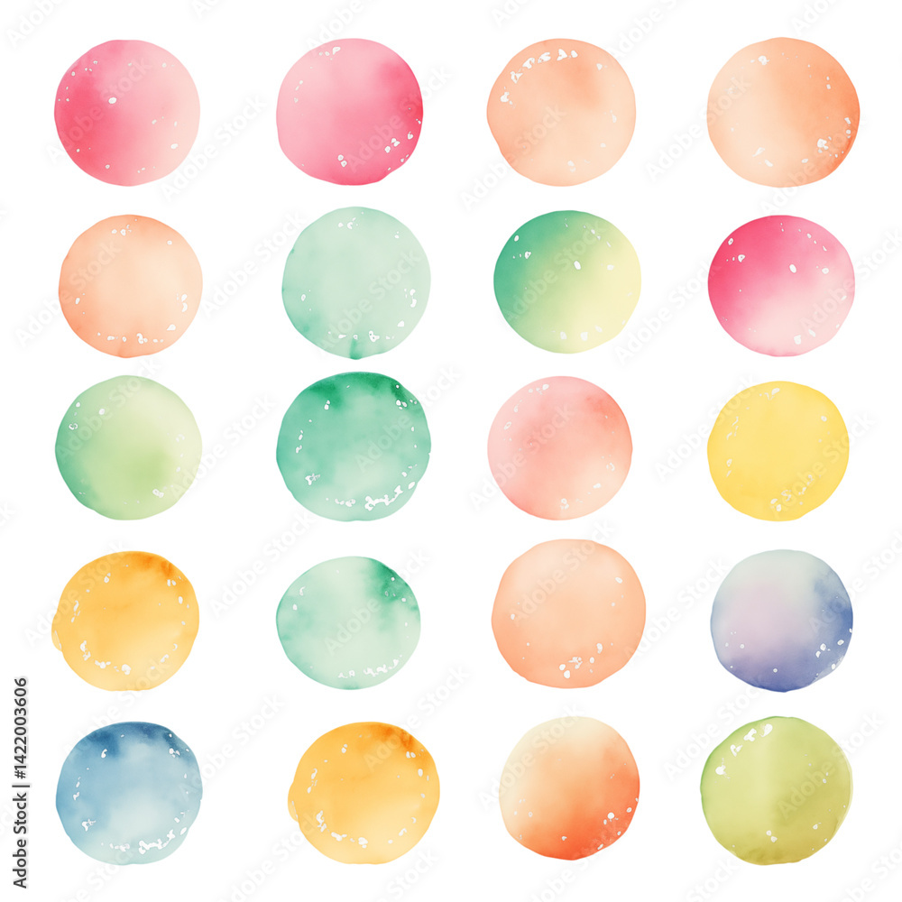Poster watercolor circles in various pastel colors arranged in a rectangular grid on a transparent backgrou