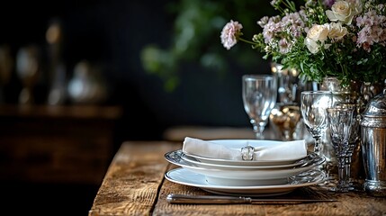 Elegant table setting with flowers and silverware.