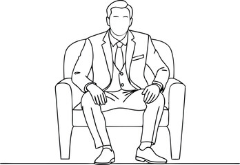 Businessman Sitting in Armchair Outline, Full Suit and Tie, Modern Line Art