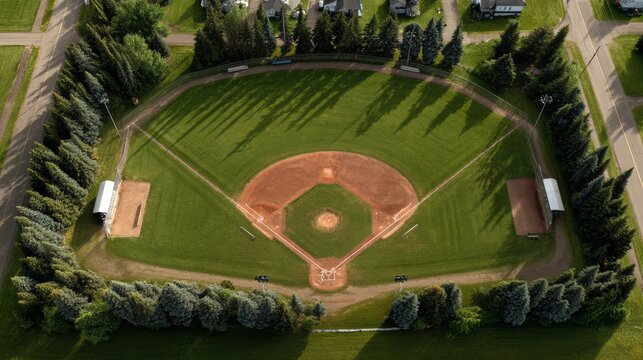 Aerial View of a Baseball Field Surrounded by Trees and Open Space - Powered by Adobe