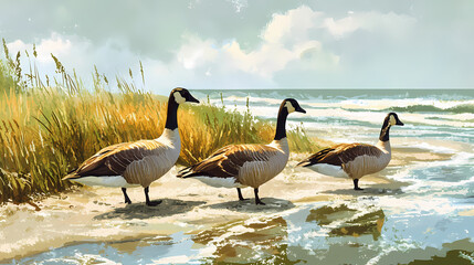 Panoramic beach goose photo: countryside bird coastal scenery wallpaper. Warp-Spun Strands. Illustration