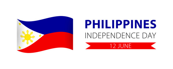 Philippines Independence Day, simple minimalist web banner design. Text Philippines Independence Day, 12 june and Philippine flag isolated on white background.