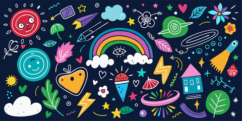 Naklejka premium Colorful Doodle Tree Elements on Chalkboard Background – Whimsical Hand-Drawn Forest and Nature Icons for Creative Projects