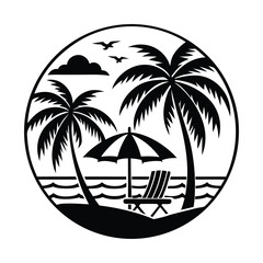 Black and White Tropical Beach Silhouette with Palm Trees and Sunset