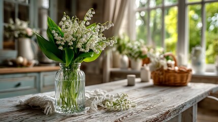 Fototapeta premium Elegant Glass Vase with Fresh Lily of the Valley Flowers in Cozy Room Decor Setting