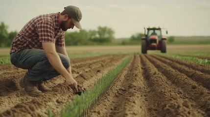 A focused farmer installing irrigation pipes for a row of crops, with a tractor in the background and a well-maintained field