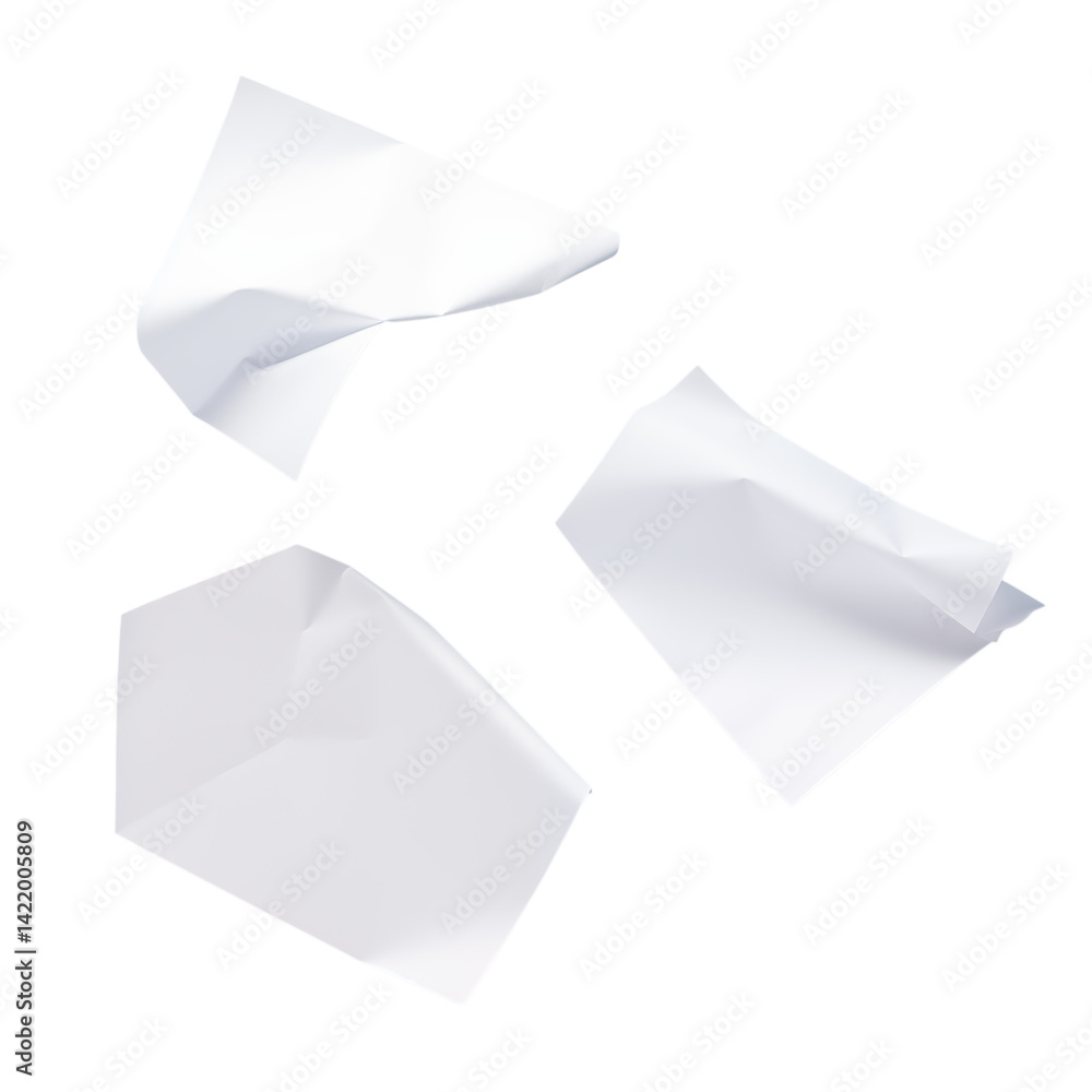 Poster three white sheets of paper floating in the air against a stark transparent background in the studio