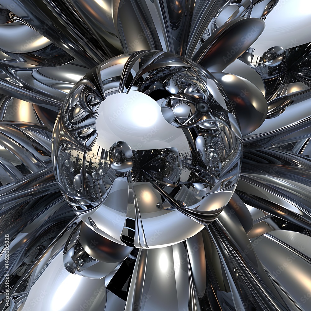 Poster abstract 3d render featuring a central reflective chrome sphere surrounded by complex, interwoven me